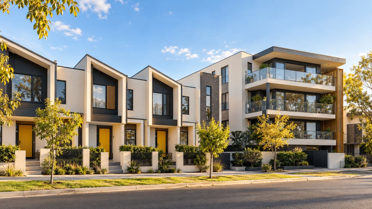 AI-generated view of modern two-storey townhouses beside a low-rise apartment building with glass balconies