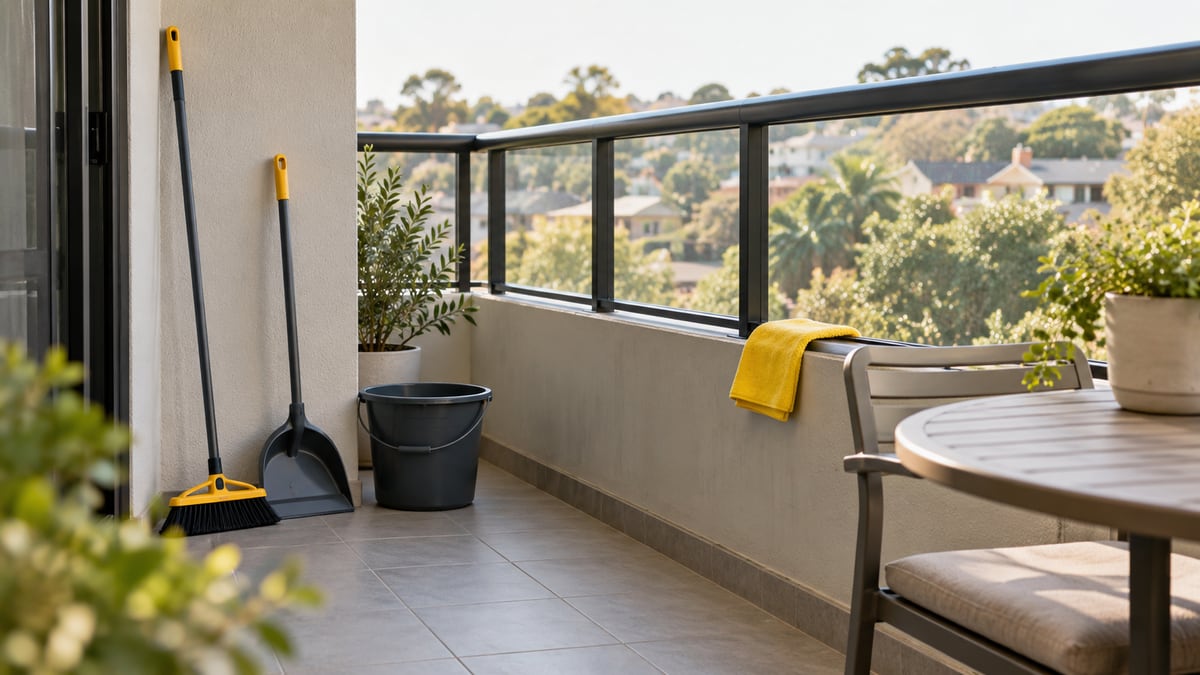Tidy apartment balcony with a broom, dustpan, bucket and golden cloth for controlled damp cleaning