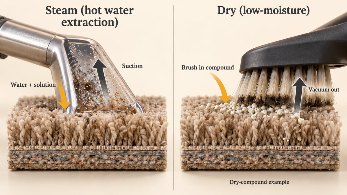 Generated diagram comparing water application and suction with a dry-compound brushing and vacuuming example