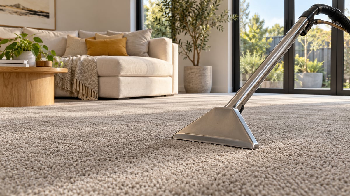 AI-generated bright carpeted living room with an unbranded professional hot water extraction wand