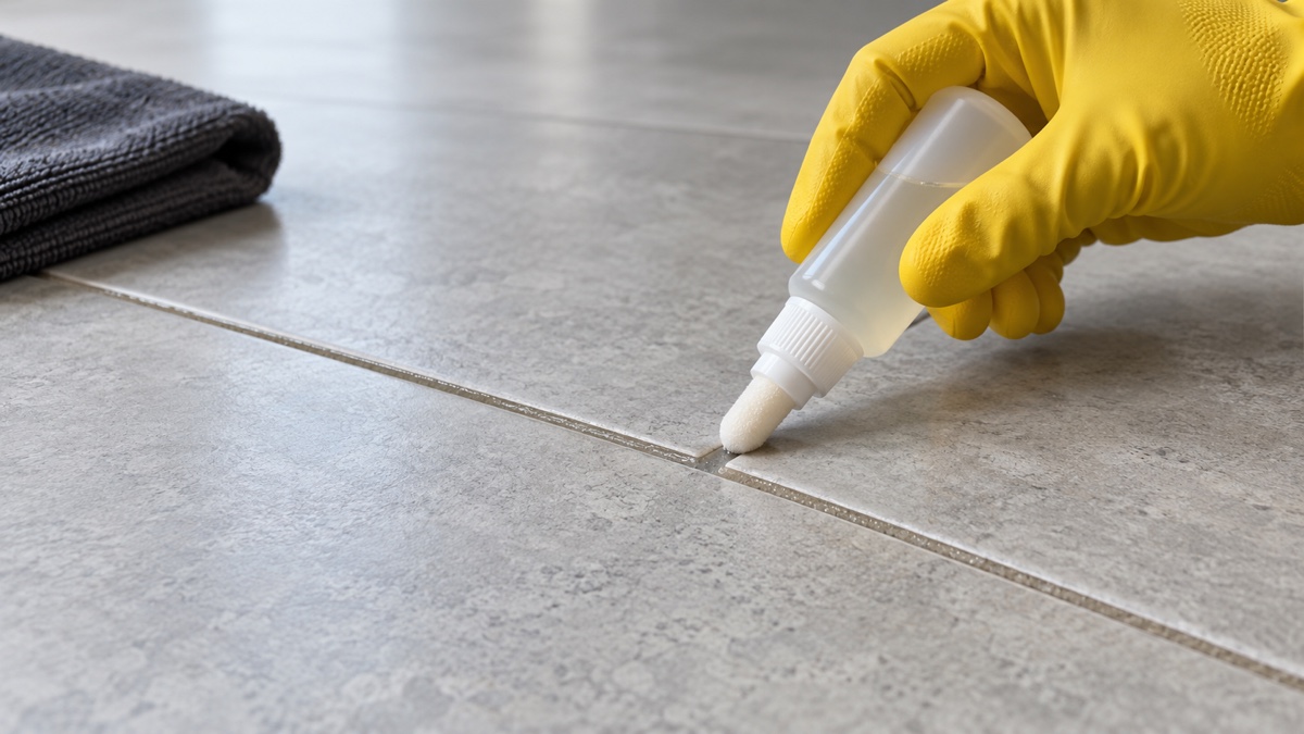 Yellow-gloved hand applying clear sealer to a grout line between porcelain tiles