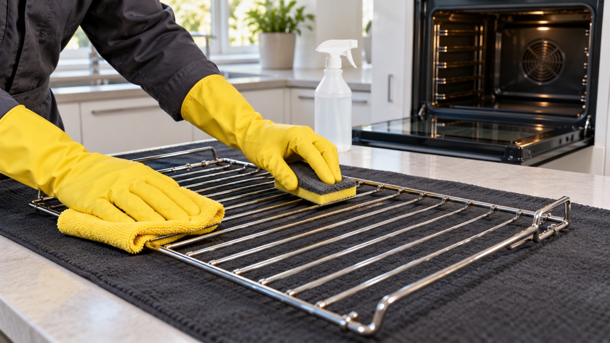 Professional cleaner wiping a removed oven rack with suitable cleaning tools