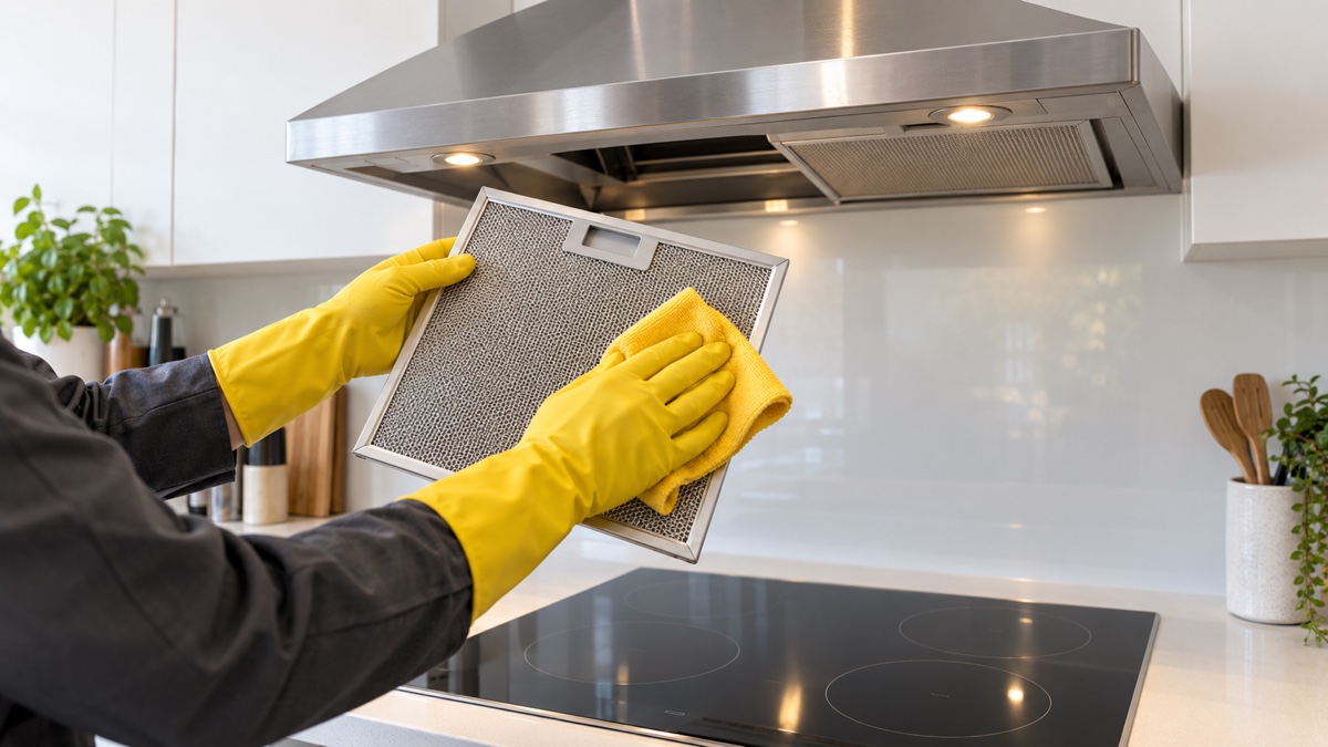 Professional cleaner wiping a rangehood filter above a clean cooktop