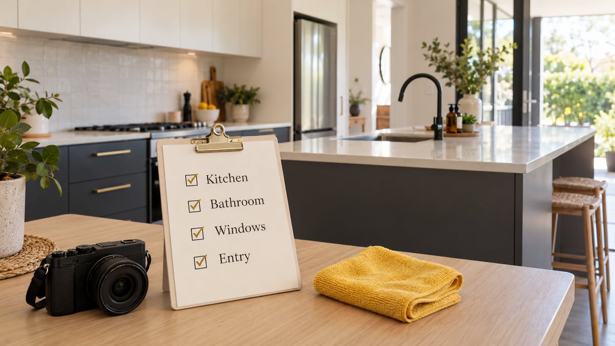 AI-generated clean kitchen with a camera and a checklist for kitchen, bathroom, windows and entry