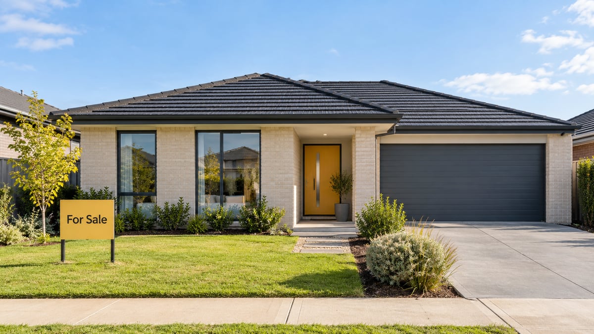 AI-generated single-storey home with clean windows and driveway and a generic For Sale sign