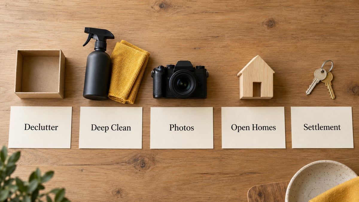 AI-generated planning desk with five stages: Declutter, Deep Clean, Photos, Open Homes and Settlement