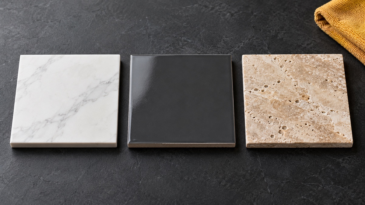 Porcelain, ceramic and natural stone tile samples arranged side by side