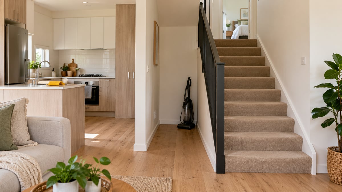 Townhouse interior with a compact kitchen, carpeted staircase and upstairs bedroom doorway